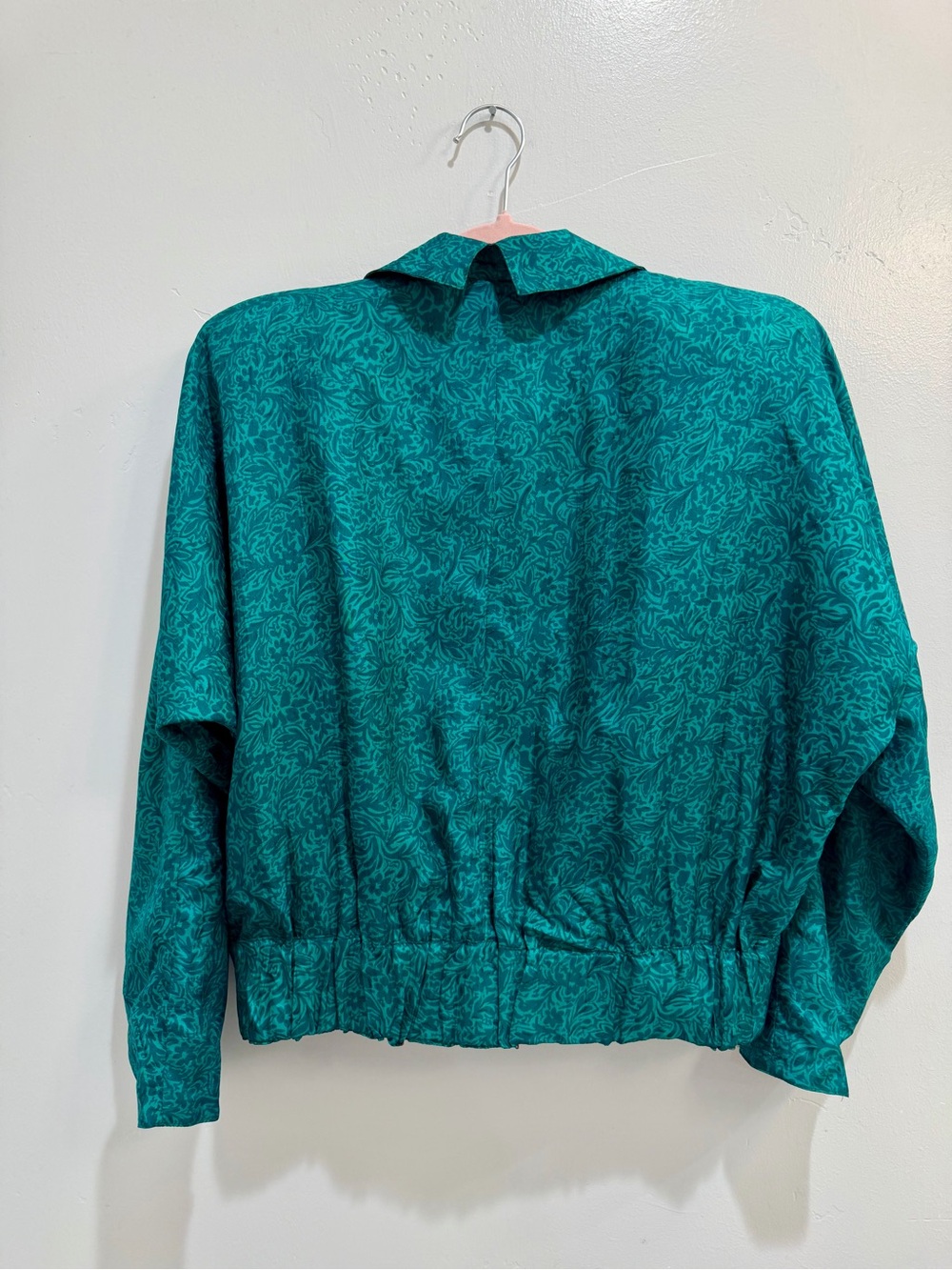 Vintage 80s Platinum by Dorothy Schoelen 100% Silk Teal Jacquard Crop Jacket S - Picture 11 of 14